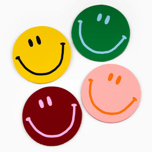 Happy Face Smilie Leather Coasters - Set of 4